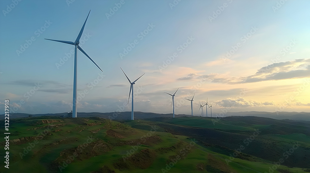 Naklejka premium Panoramic View of Wind Turbines on Green Hills at Sunset Generating Renewable Energy in a Picturesque Countryside Landscape