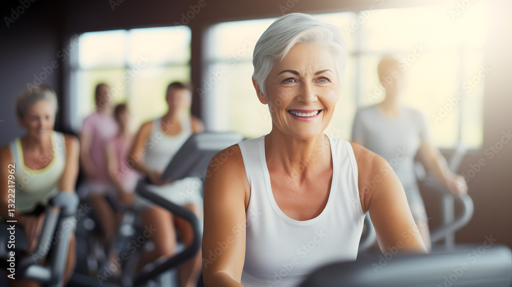 Obraz premium A woman is smiling while riding a stationary bike