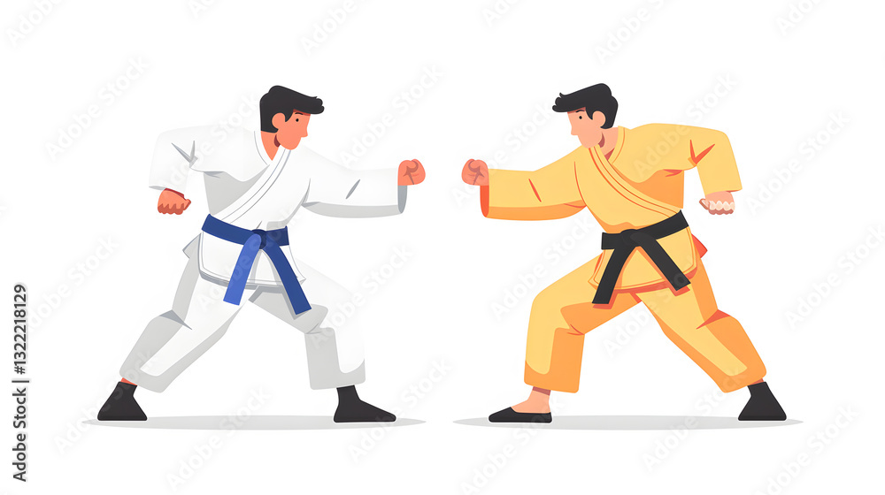 Karate Duel: Two martial artists in traditional karate attire face off in a dynamic display of skill and discipline. This illustration captures the intense focus and precision of a karate match. Karate Duel: Two martial artists in traditional karate attire face off in a dynamic display of skill and discipline. This illustration captures the intense focus and precision of a karate match.