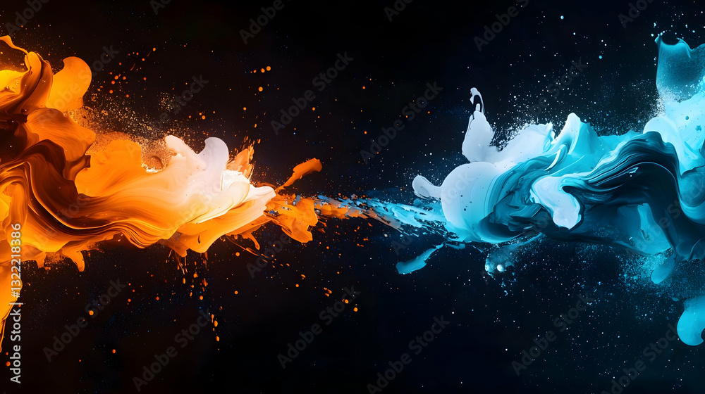 Naklejka premium Dynamic Collision Of Orange And Blue Abstract Fluid Forms With Sparkling Particles On A Dark Background