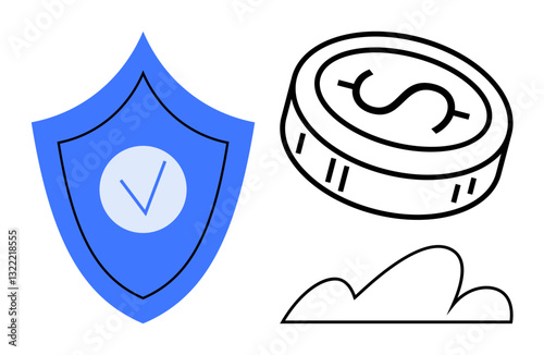 Shield with checkmark, coin featuring dollar sign, and simple cloud element. Ideal for insurance, cybersecurity, banking, finance, savings online protection or digital economy. Flat simple metaphor