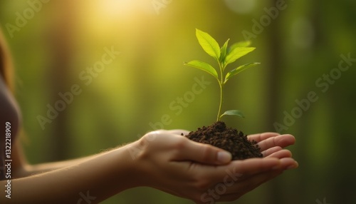 A woman holds a plant in her hands