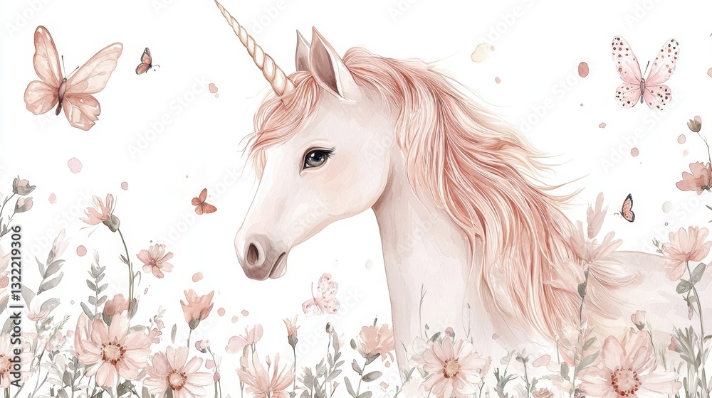Naklejka premium A unicorn with a flowing pink mane stands gracefully amidst vibrant flowers and fluttering butterflies. This whimsical scene captures a serene moment in nature's beauty