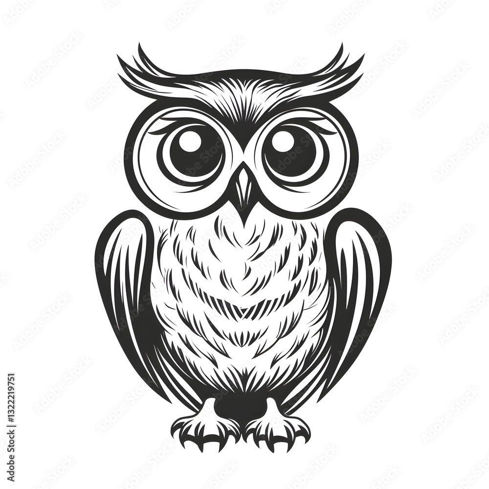 Fototapeta premium Wise Owl Illustration: An intricate black and white illustration of a wise owl, its large eyes and detailed feathers capture the essence of the night.