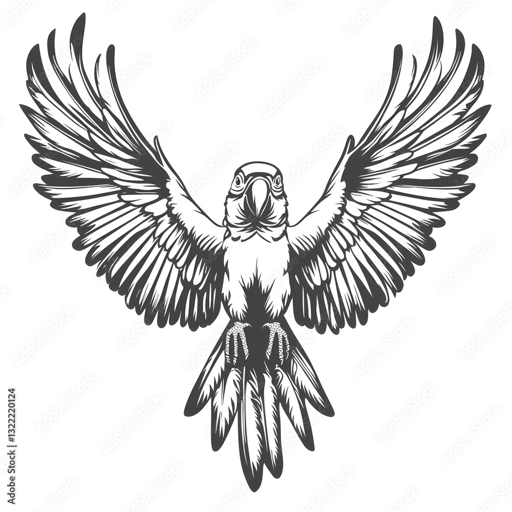 Obraz premium Soaring Wings: A striking illustration of a parrot with expansive wings, depicting its flight or freedom. Detailed lines create a sense of movement.
