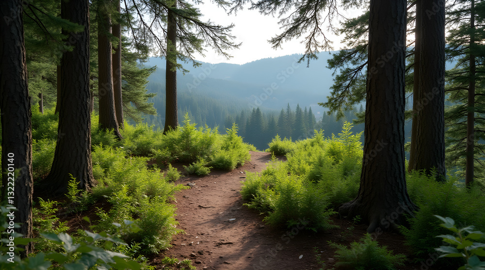 Obraz premium Green Forest Path Ferns Mountain View - Nature Scene