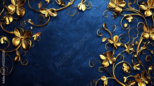 Decorative golden floral elements gracefully intertwine on a rich blue background, creating a luxurious and sophisticated visual appeal perfect for events