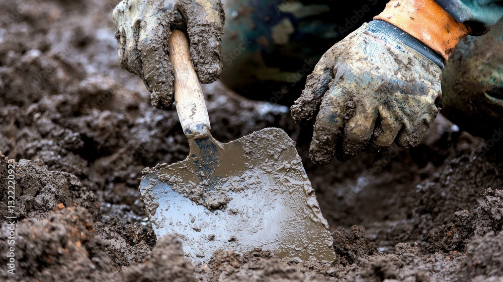 Fototapeta premium Gloves, spade digging into dark, wet soil. Hands working the earth carefully