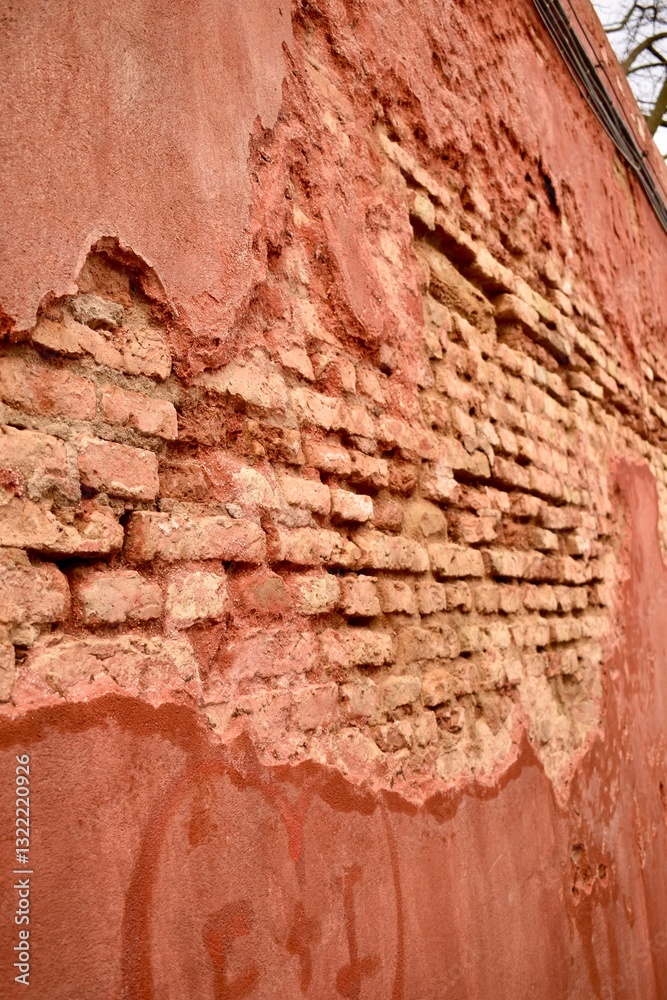 Fototapeta premium A dilapidated wall with peeling plaster through which bricks are visible