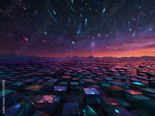 masterpiece, geometric isometric cube pattern, opalescent effects, pastel opal hues, shimmery astral glow, warm and cool tone interplay, deep dark shadows, cinema4d rendering quality, metallic texture