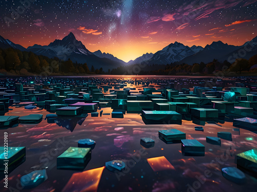 masterpiece, geometric isometric cube pattern, opalescent effects, pastel opal hues, shimmery astral glow, warm and cool tone interplay, deep dark shadows, cinema4d rendering quality, metallic texture