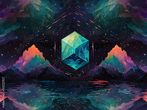 masterpiece, geometric isometric cube pattern, opalescent effects, pastel opal hues, shimmery astral glow, warm and cool tone interplay, deep dark shadows, cinema4d rendering quality, metallic texture