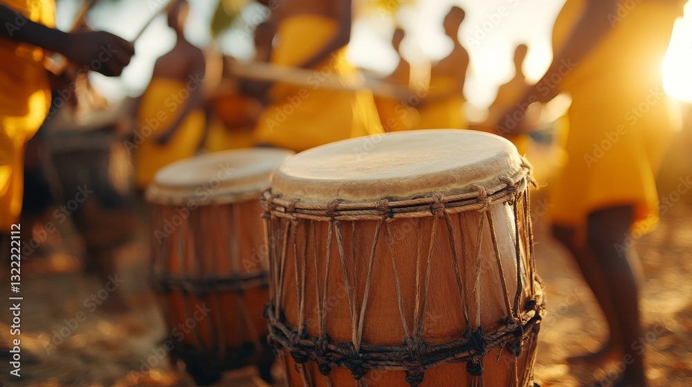 Fototapeta premium African drummers in vibrant yellow clothing play traditional rhythms at sunset.