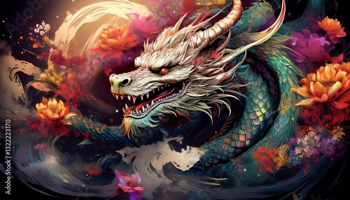 beautiful majestic chinese dragon with vibrant colorful flowers