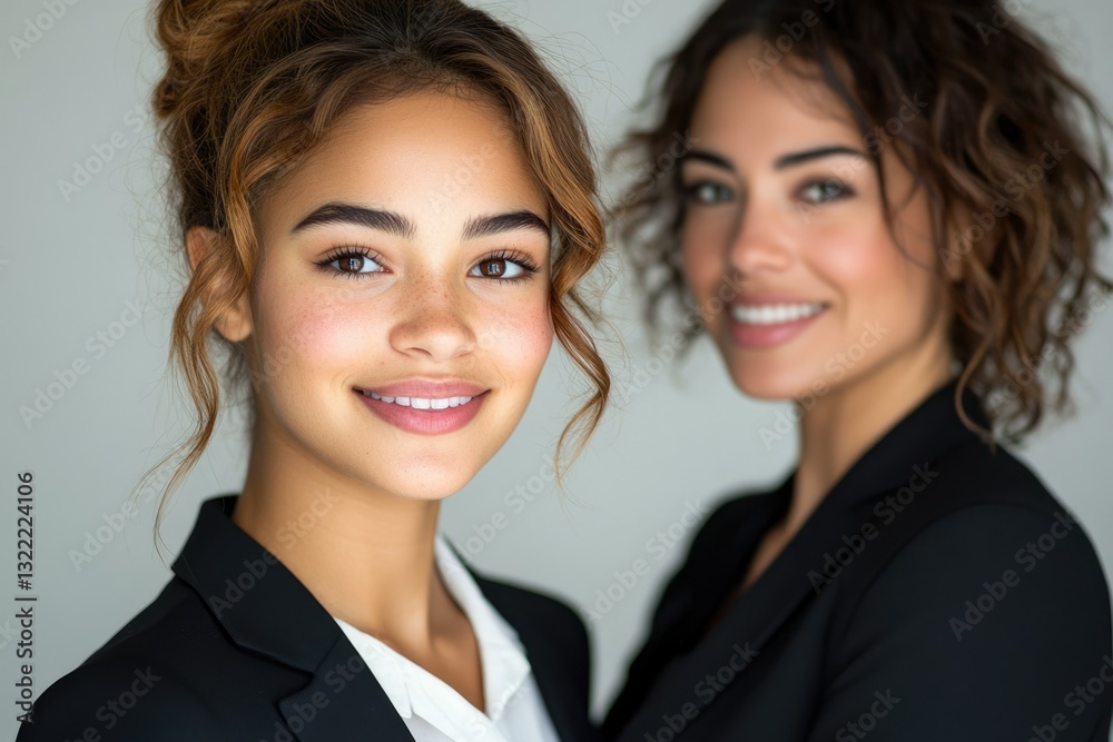 Two young businesswomen in black suits smile confidently, showcasing professionalism and success. Two young businesswomen in black suits smile confidently, showcasing professionalism and success.