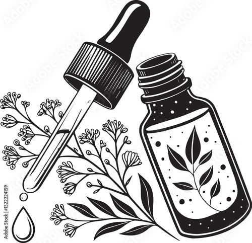 Essential Oil Dropper Bottle Black and White Vector Illustration, Sketch Drawing Line Linear Engraving, Hand-drawn Isolated