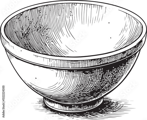 Ceramic Bowl Black and White Vector Illustration, Sketch Drawing Line Linear Engraving, Hand-drawn Isolated