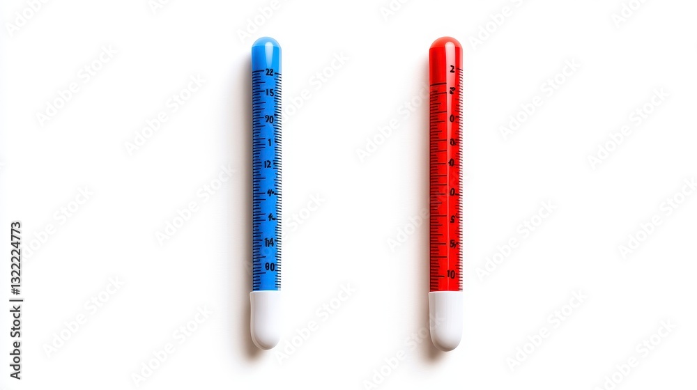 Two cylindrical objects with blue and red patterned bodies and white bases, set against a plain white backdrop. Two cylindrical objects with blue and red patterned bodies and white bases, set against a plain white backdrop.