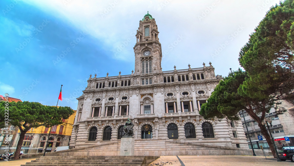 Fototapeta premium Town Hall building Camara Municipal do Porto timelapse hyperlapse on Liberdade Square, Porto, Portugal