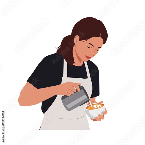 Female barista creating latte art in minimal style vector illustration