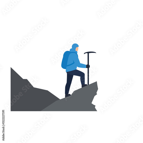 Hiker climbing steep mountain in minimal flat design vector art