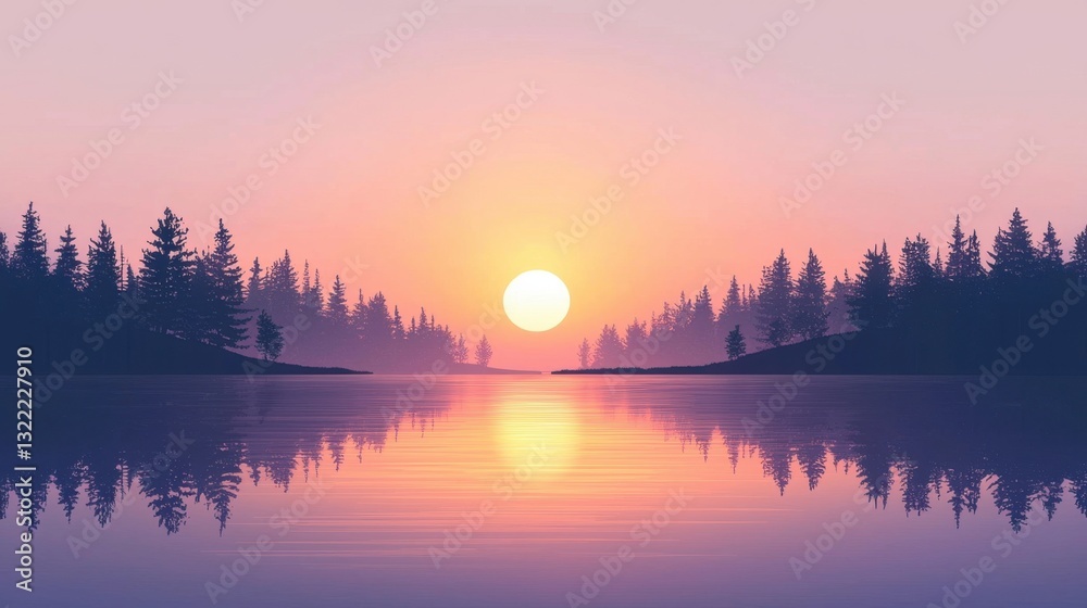 Fototapeta premium A serene lake reflects the stunning sunset, creating vibrant hues in the sky. Tall pine trees line the shore, enhancing the peaceful atmosphere of the moment