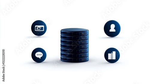 Dark blue database cylinder icon surrounded by smaller icons representing email, chat, profile, and thumb up. White background. Digital concept