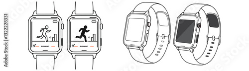 Smartwatch Sport vectors, This is a vector illustration of a smart watch designed in a minimal outline style with subtle color accents. It represents modern sports equipment integrated with healthcare