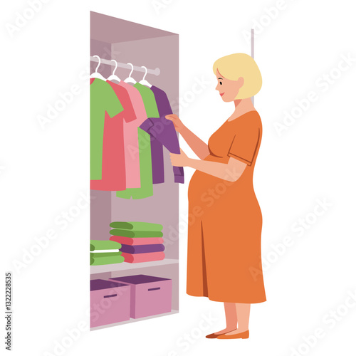 Pregnant woman organizing colorful clothes in minimal vector illustration