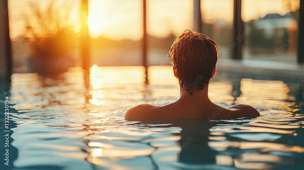 Man relaxing in indoor pool at sunset Man relaxing in indoor pool at sunset
