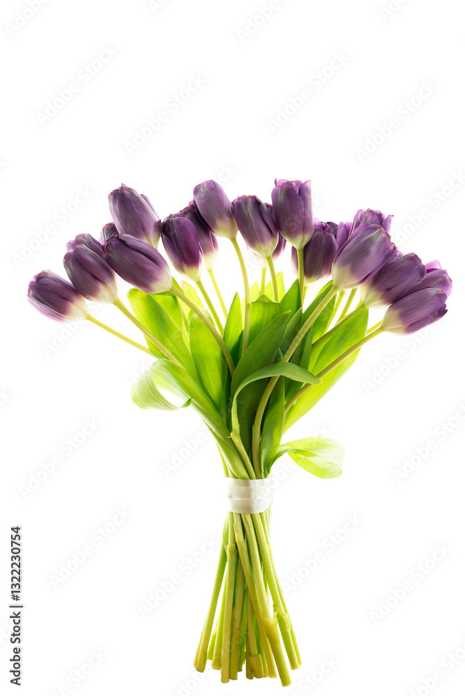 Elegant bouquet of purple tulips with fresh green leaves arranged for decoration or gifting in a bright setting