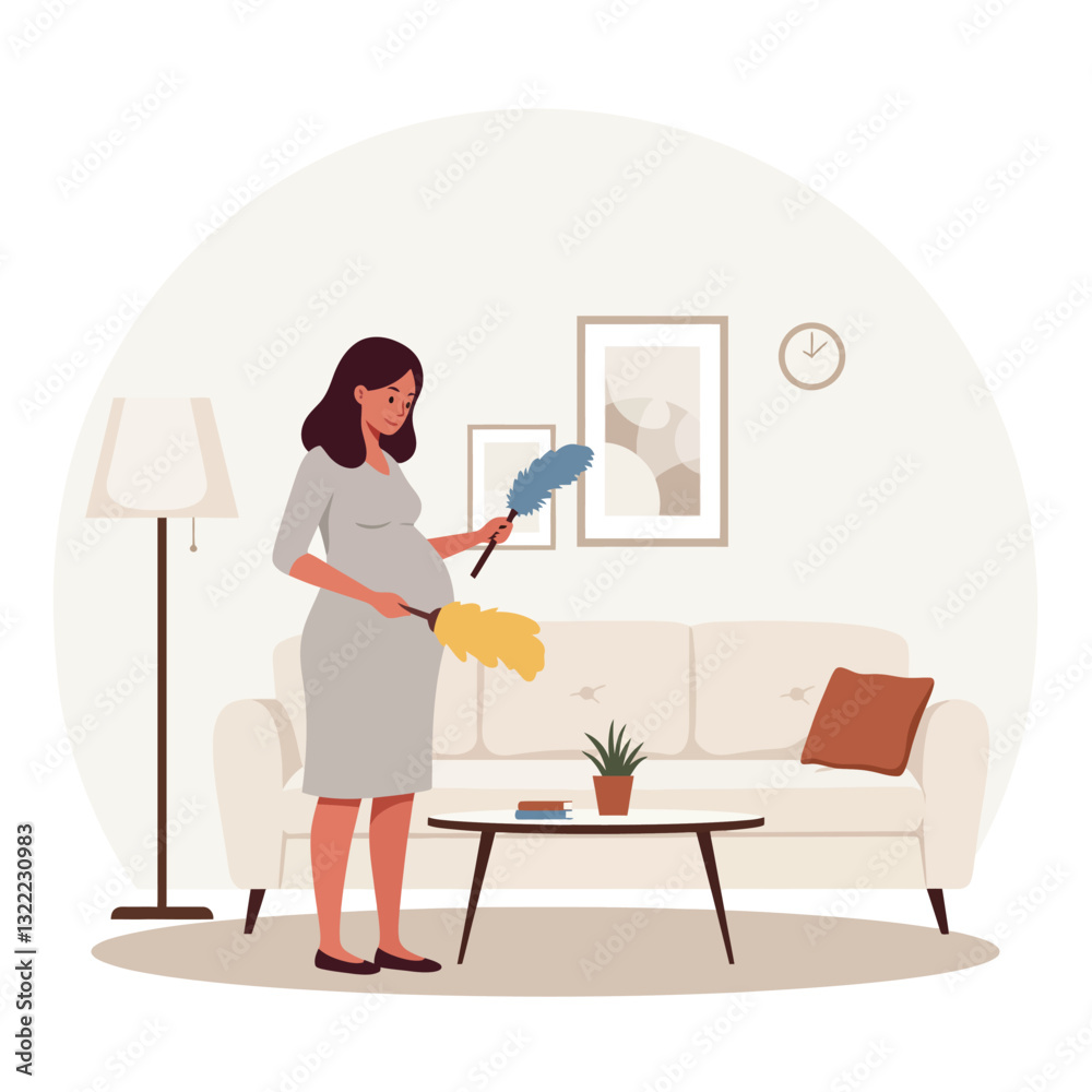 Fototapeta premium Pregnant woman cleaning living room with dusters in flat vector illustration