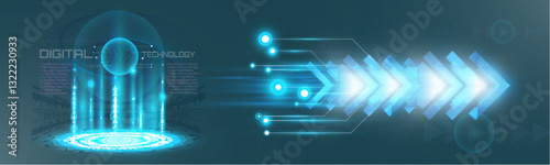 Futuristic glowing arrow with speed effect, digital motion, neon light, and high-tech acceleration in a modern abstract background.
