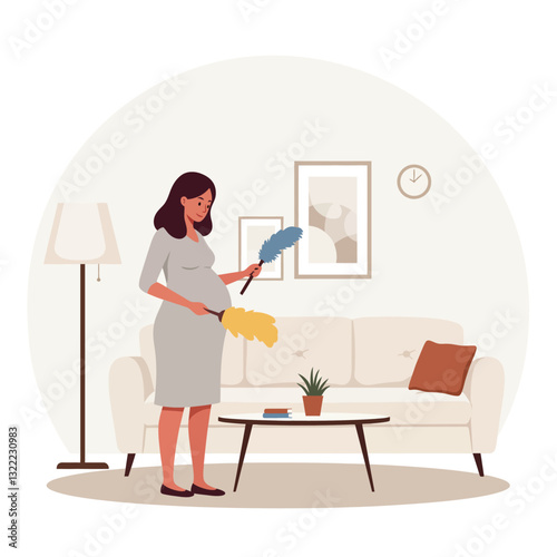 Pregnant woman cleaning living room with dusters in flat vector illustration