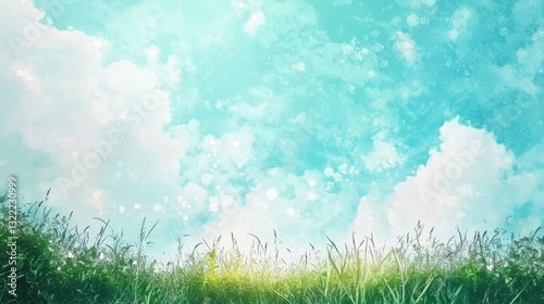 A clear blue sky filled with soft, white clouds stretches above a lush green field, creating a tranquil scene during a sunny day, inviting relaxation and nature appreciation