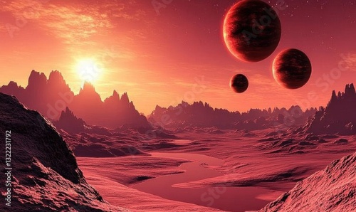 Alien Planet Sunset Red landscape with three moons and a setting sun.  Use Science fiction backgrounds