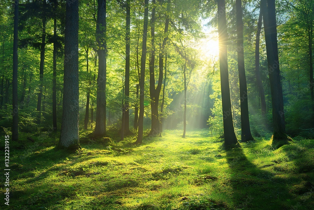 Obraz premium Beautiful sunny morning in green forest