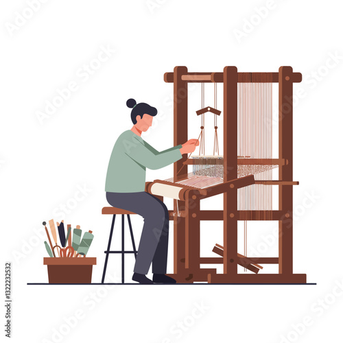 Weaver working at loom with tools in minimal flat vector illustration