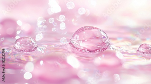 Delicate bubbles float gracefully in soft pink water, reflecting light and adding a serene ambiance. The gentle ripples create a calming visual experience
