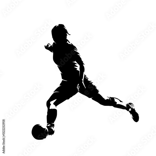 Soccer women, female football player kicking ball, isolated vector silhouette, high contrast illustration, side view