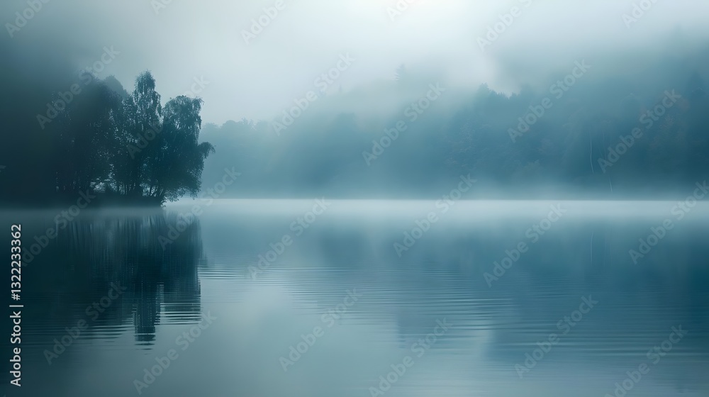 misty fog over a serene lake creates an ethereal and mysterious atmosphere. generative ai misty fog over a serene lake creates an ethereal and mysterious atmosphere. generative ai