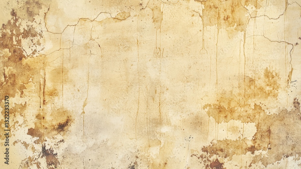 Fototapeta premium A worn and aged wall displays a blend of faded brown stains and light yellow tones, revealing cracks and imperfections typical of historical interiors