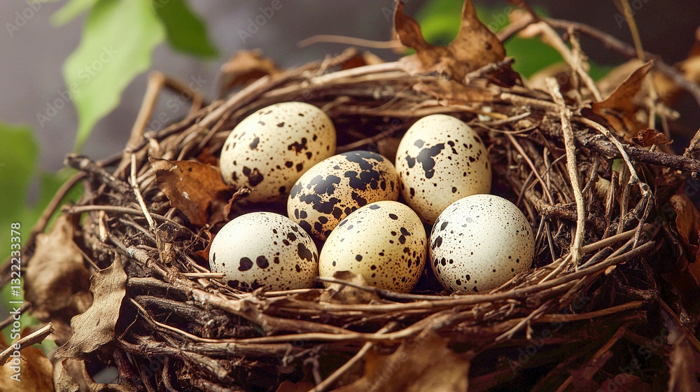 Nest filled with speckled eggs surrounded by dried leaves in a natural setting during daylight hours Nest filled with speckled eggs surrounded by dried leaves in a natural setting during daylight hours