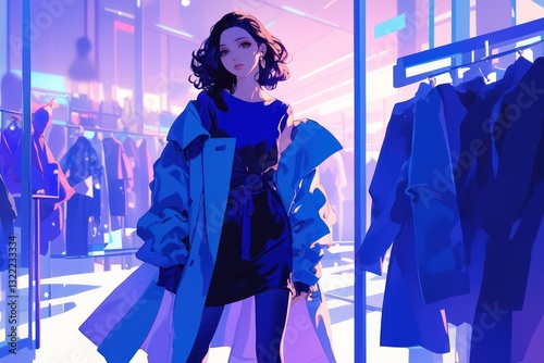 A fashionable woman standing in front of a clothing store display