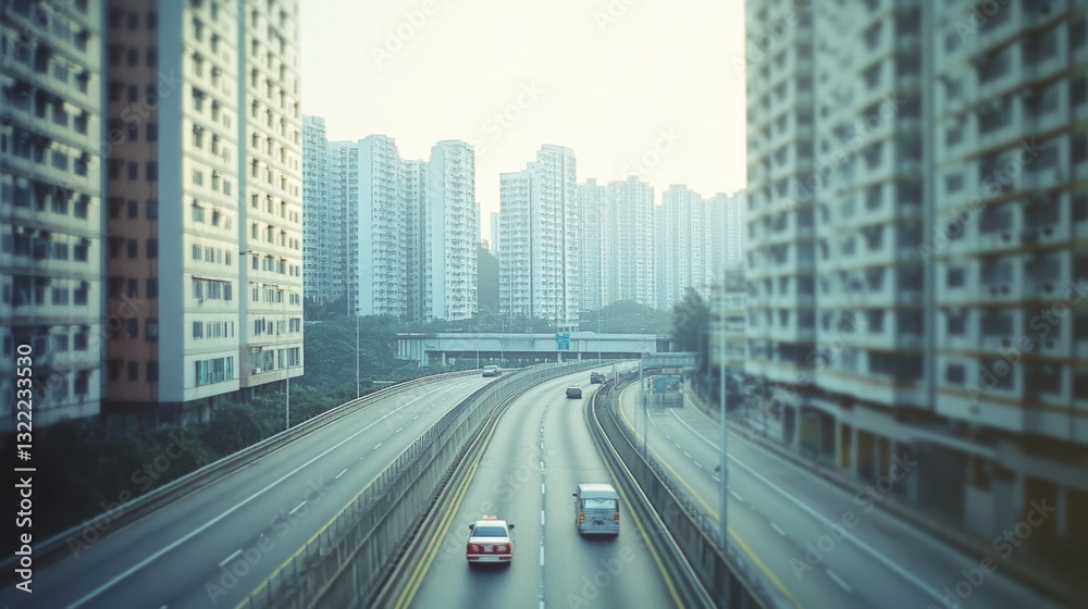Fototapeta premium A serene, foggy urban street lined with towering apartments, where a couple of vehicles glide smoothly along the empty highway.