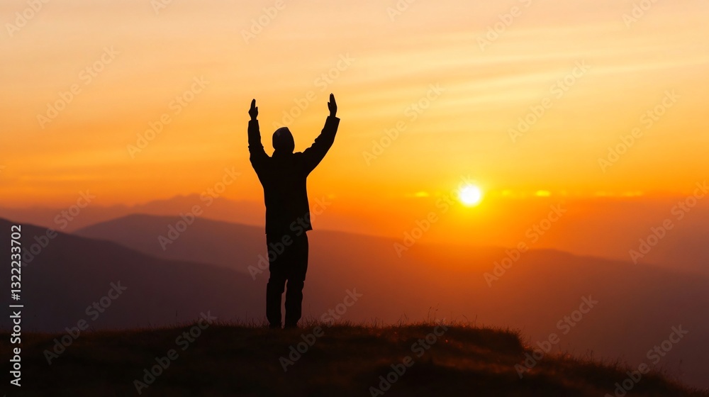 Ramadan, Silhouette enjoying sunset, individual with raised arms against vibrant sky, evoking freedom and inspiration, serene atmosphere. Ramadan, Silhouette enjoying sunset, individual with raised arms against vibrant sky, evoking freedom and inspiration, serene atmosphere.