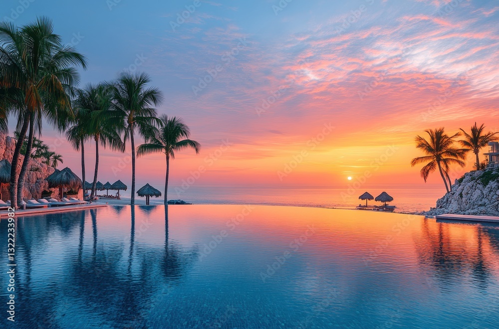 Serene Tropical Sunset Over Calm Ocean with Infinity Pool and Palm Trees at Luxurious Resort in Beautiful Coastal Destination Serene Tropical Sunset Over Calm Ocean with Infinity Pool and Palm Trees at Luxurious Resort in Beautiful Coastal Destination