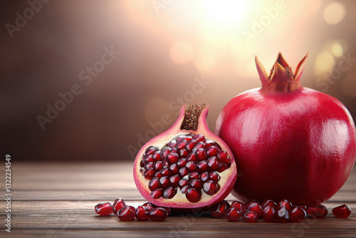 Fresh ripe pomegranate with scattered seeds on a rustic table. Concept for healthy eating, organic fruit, antioxidant-rich food. Banner with copy space. 