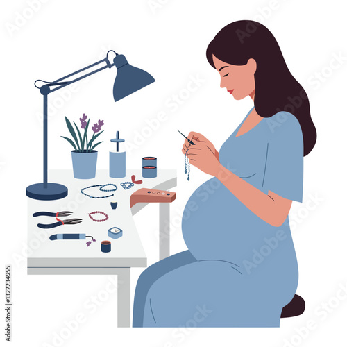 Pregnant woman crafting jewelry at a desk in flat vector art