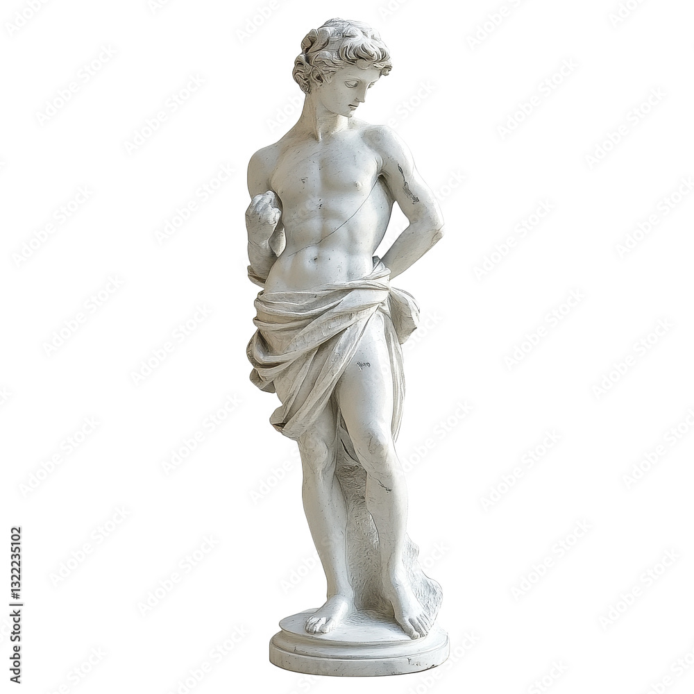 Obraz premium Elegant marble statue depicting a youthful male figure standing in a natural pose against a Transparent background, Marble statue on PNG background